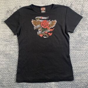 Vintage Y2K Harley Davidson Women’s Red Rose Double Sided Top Size L